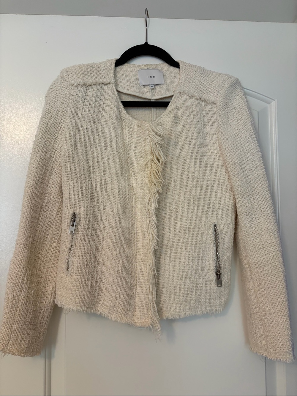 IRO Cream Bouclé Fringe Zip-Pocket Jacket